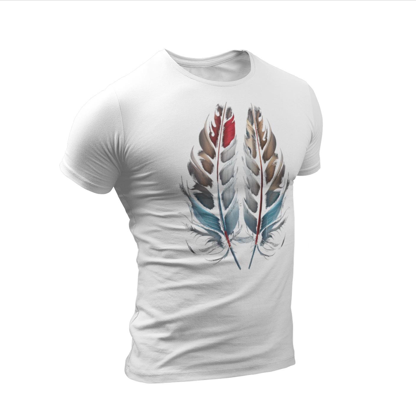 Image of a classic tee adorned with vibrant tribal feathers, crafted from the industry's favorite fabric. The slim cut offers a curvy silhouette, while the fine-gauge fabric ensures lightweight comfort for everyday wear.