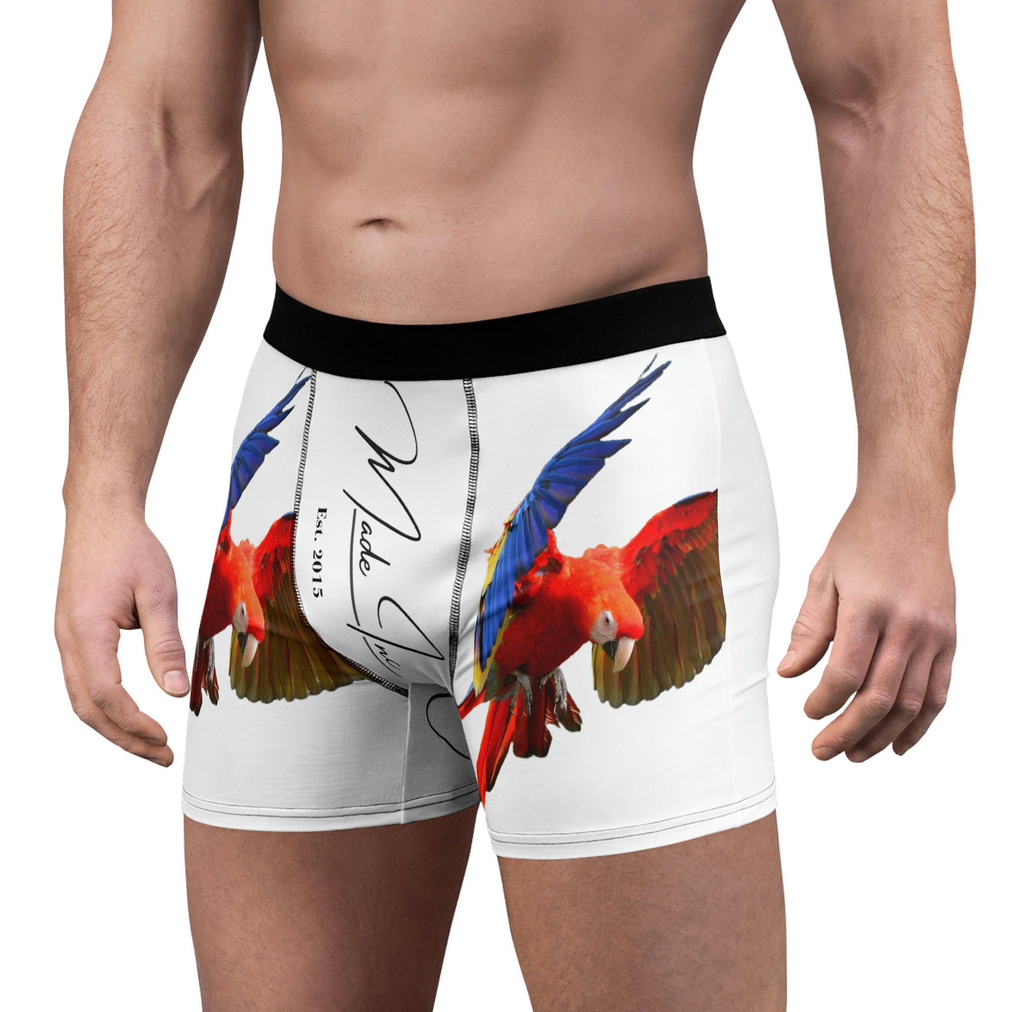 Image of luxury Scarlet Macaw Custom Men's Boxer Briefs by Made Inc, made from lightweight polyester fabric. Designed for comfort and style, perfect for everyday wear. white scarlet macow boxer briefs with black trim, black stitching and Made Inc signature. 