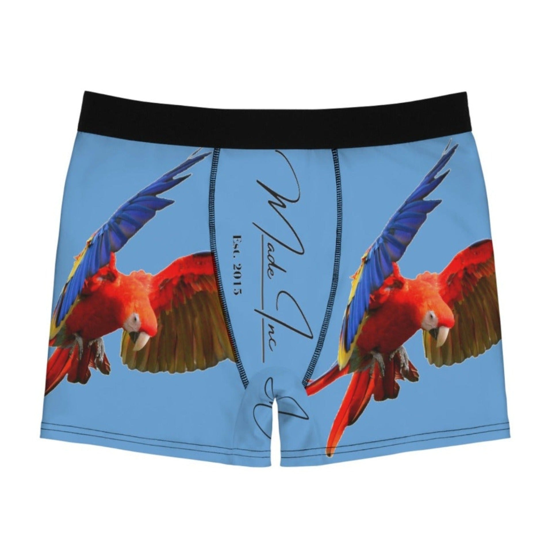 Image of luxury Scarlet Macaw Custom Men's Boxer Briefs by Made Inc, made from lightweight polyester fabric. Designed for comfort and style, perfect for everyday wear.