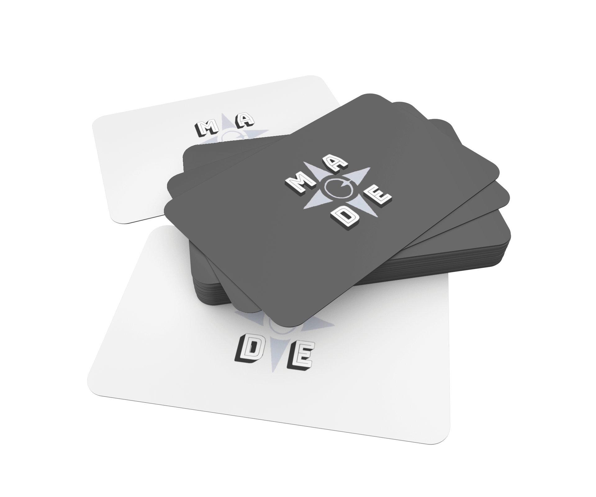 A stack of gray and white gift cards with a Made Inc logo printed on them