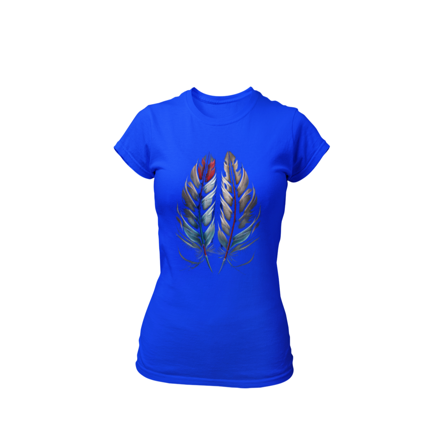 Image of a classic tee adorned with vibrant tribal feathers, crafted from the industry's favorite fabric. The slim cut offers a curvy silhouette, while the fine-gauge fabric ensures lightweight comfort for everyday wear.