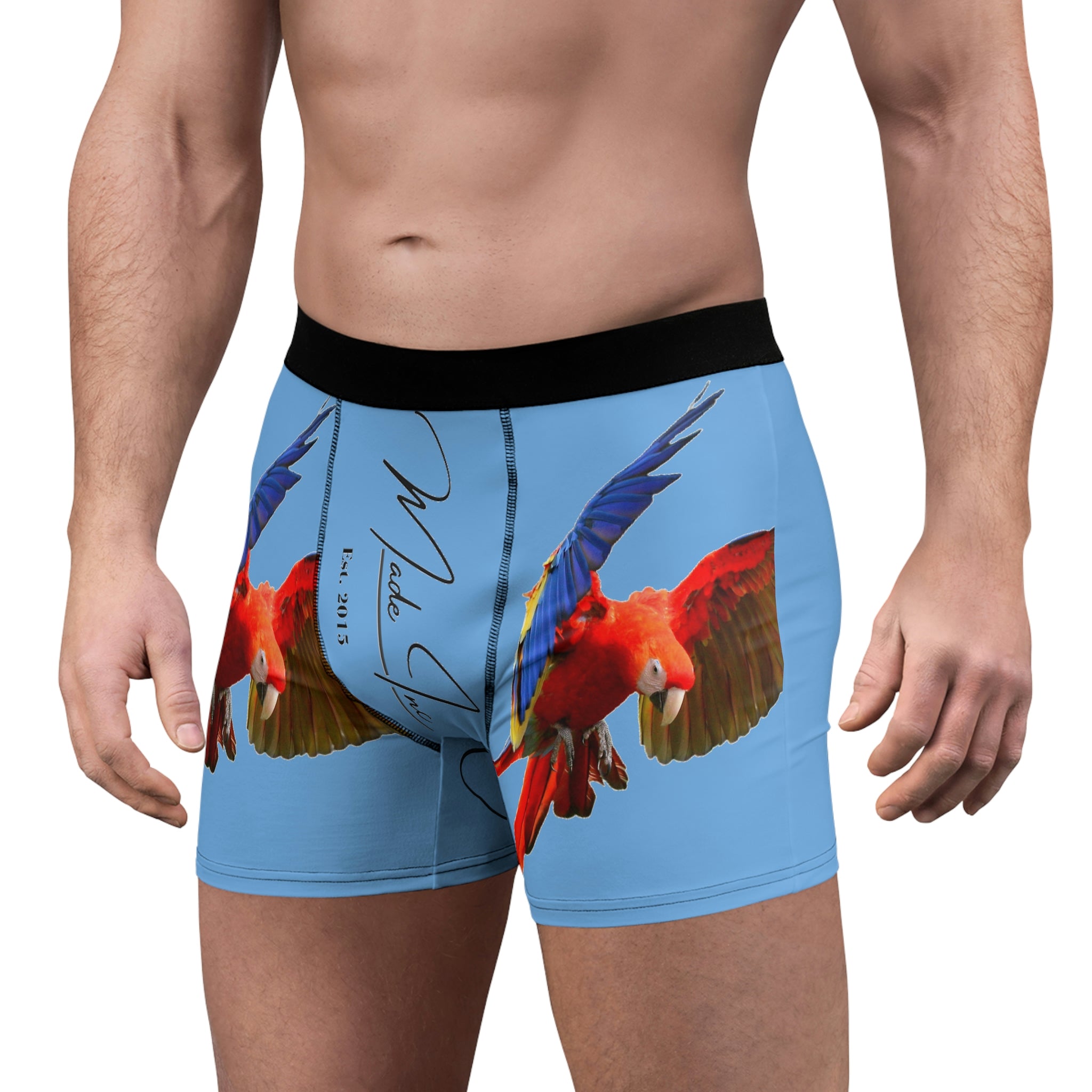 blue scarlet macow boxer briefs with black trim, black stitching and Made Inc signature 